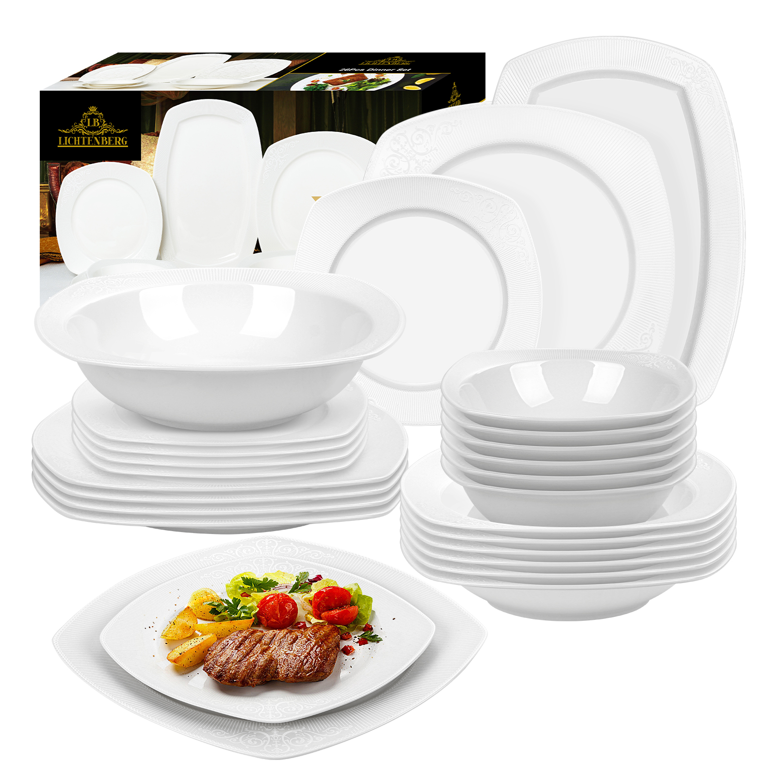 LB Tableware set 26-piece for 6 persons, dinner service, dining service made of porcelain, elaborate design, quality porcelain, durable,26DS3103