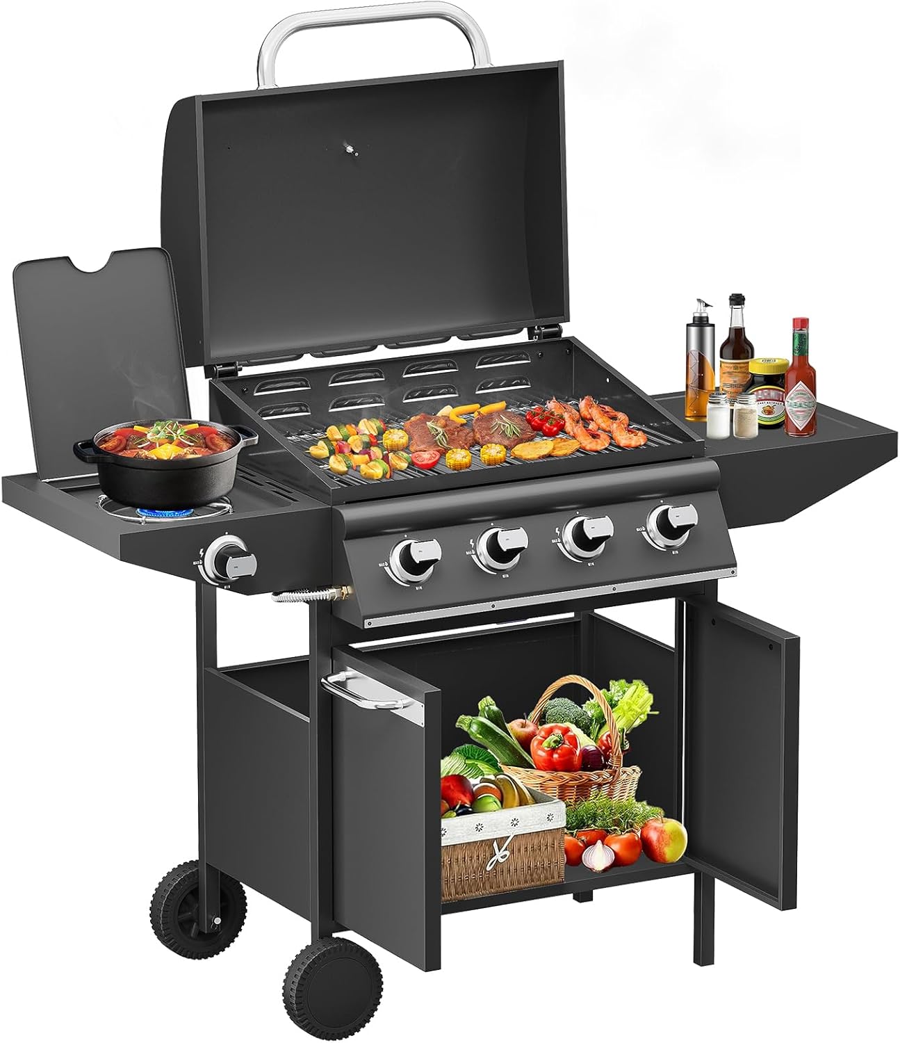 15KW gas grill 4+1 BBQ grill trolley side stove grill with lid stainless steel burners(Gasgrill-LX-B410)