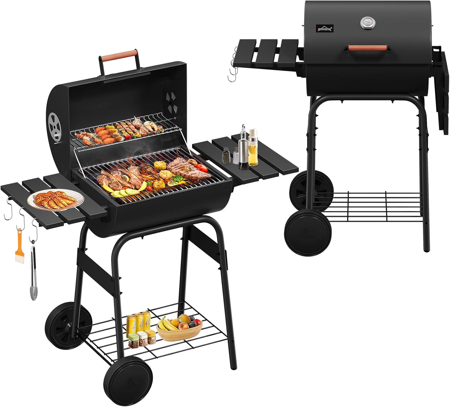 XL Smoker BBQ Grillwagen Holzkohle Grill Standgrill Räucherofen mit Thermometer（Charcoal Grill-HL-CG107)