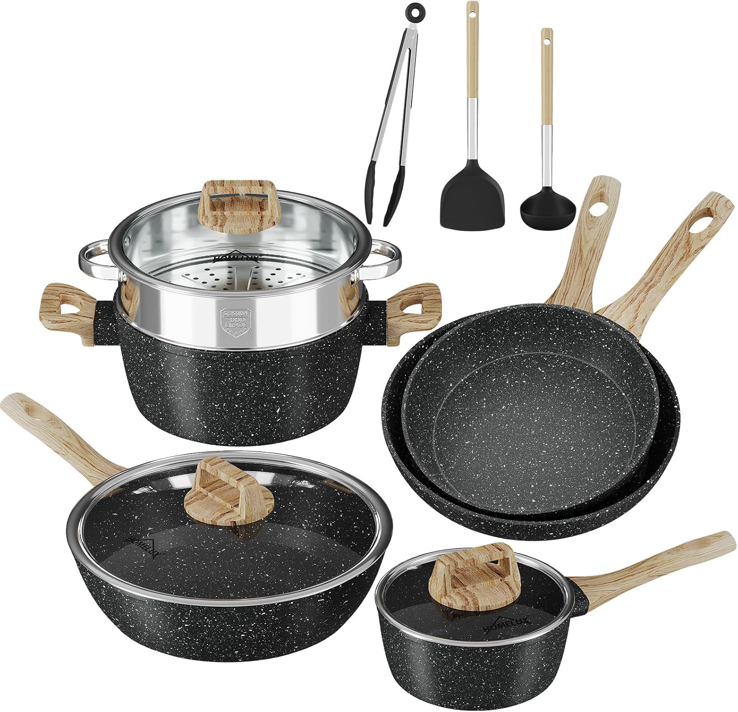 12-piece induction pot set with lid Steam cooker Cooking pots and pan set Non-stick(12pcs Cookware Set-HL-12PCWBK）