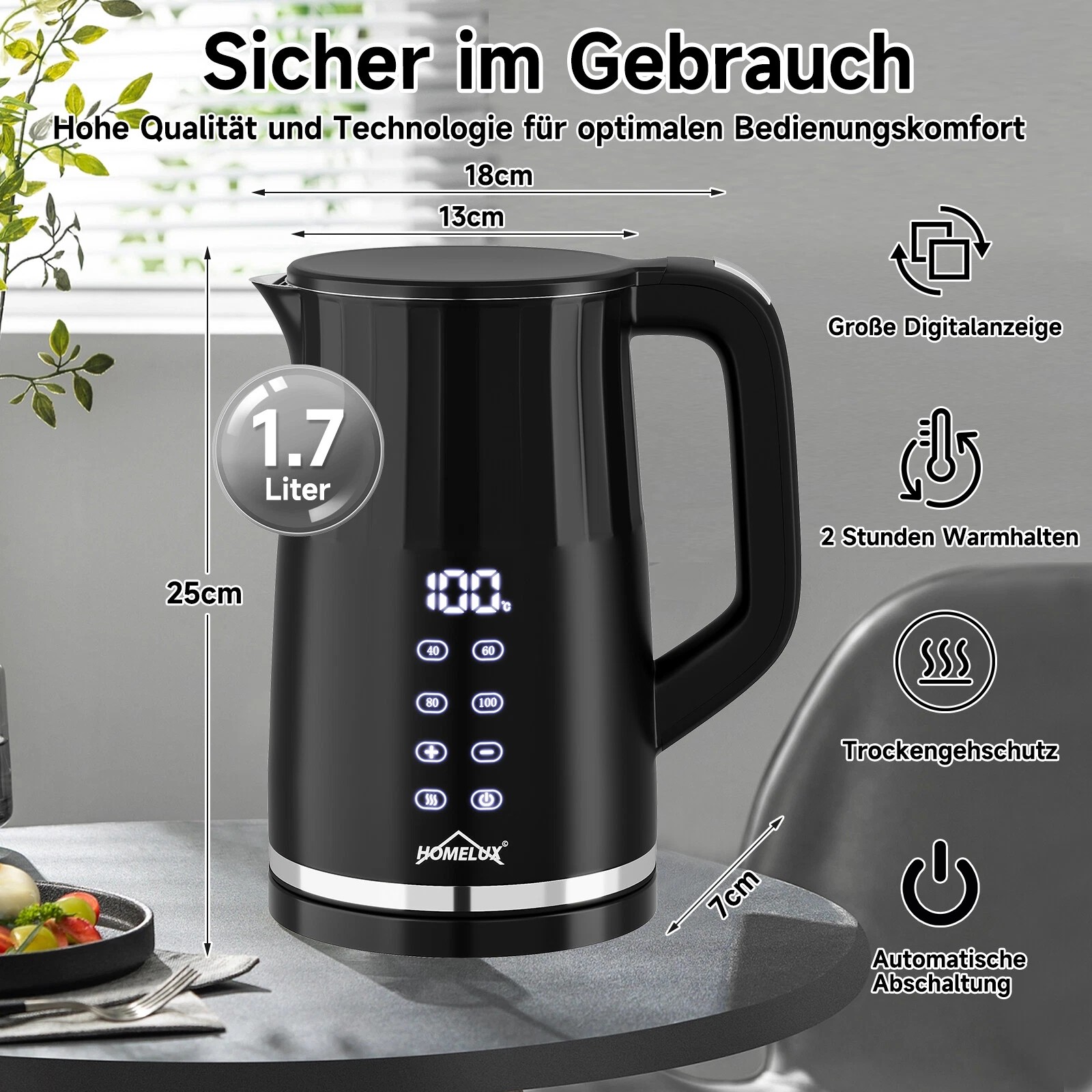 2200W Wasserkocher Edelstahl mit Temperatureinstellung 1,7 L Doppelwand Schwarz(Electric Kettle-HHB8716D)