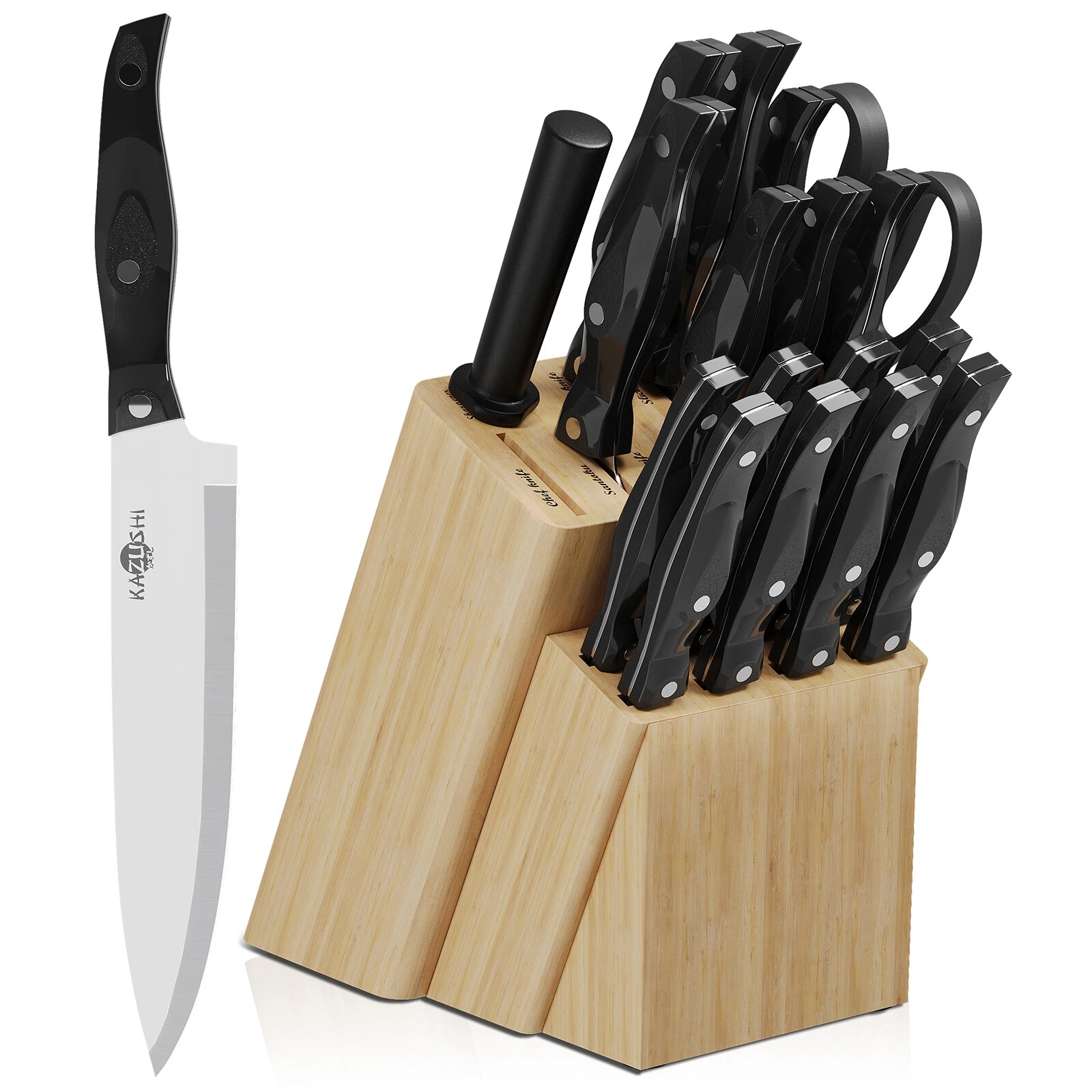 19-piece professional wooden knife block set with knife sharpener and stainless steel kitchen knife set(KK-1020)