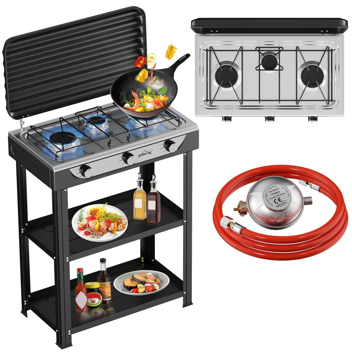 HOMELUX 3-burner 5.4 kW gas cooker camping gas cooker with shelves with 1.5 m connection hose and 50 mbar pressure reducer(AOTE-6023JM)