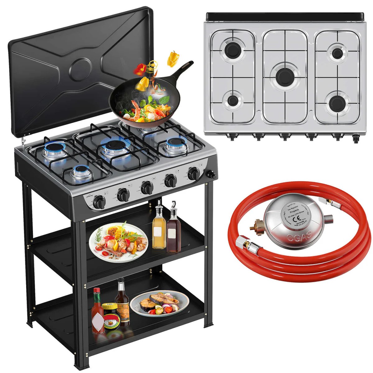 HOMELUX 5-burner camping gas stove with shelves 7.2 kW gas stove with 1.5 m connection hose and 50 mbar pressure reducer（AOTE-6015JM）