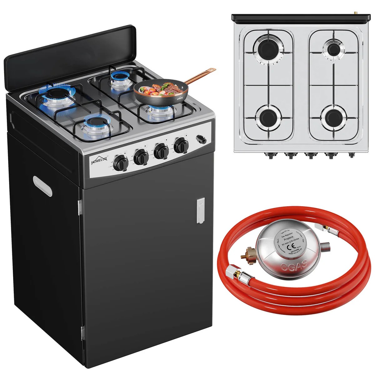 HOMELUX 4-burner camping gas stove with storage box 6.2 kW gas stove with 1.5 m connection hose and 50 mbar pressure reducer（AOTE-6024HXM）