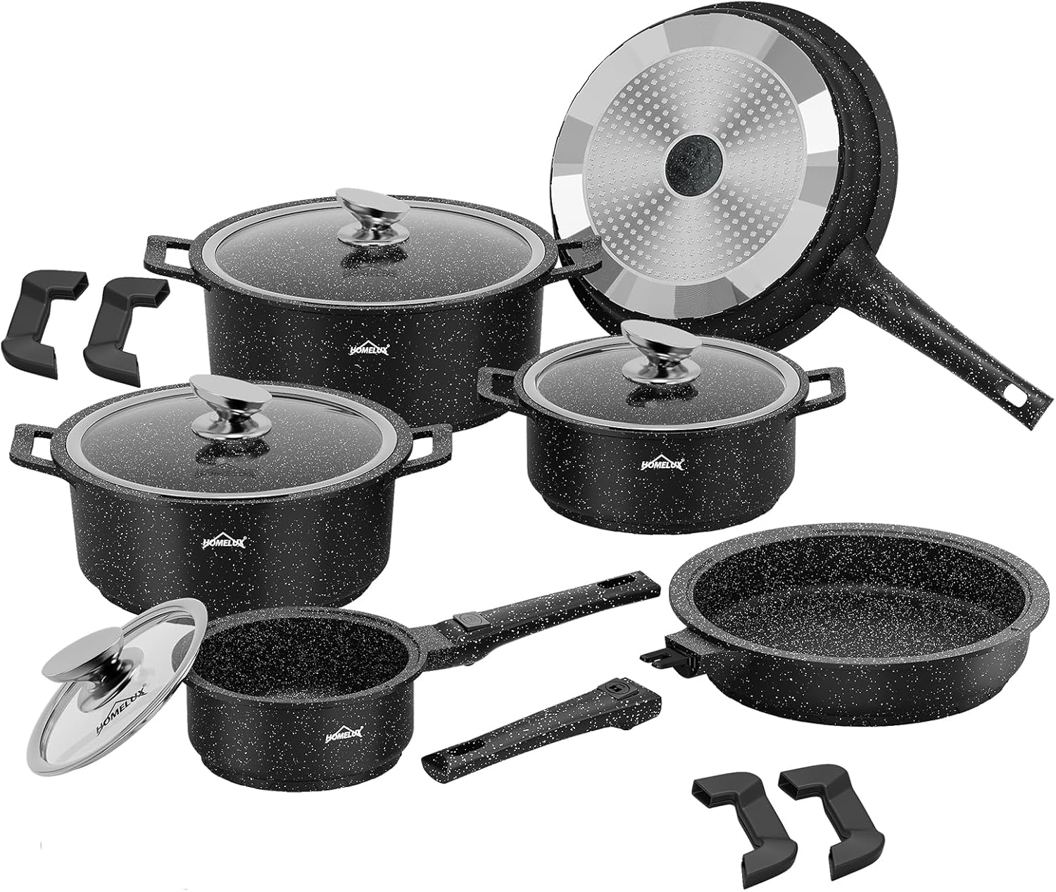 HOMELUX induction pot set with removable handle, 10-piece pot and pan set, pan 24/28cm, milk pot 16cm, cooking pot set 20/24/28cm, stackable pot set for all types of stoves, oven safe, black