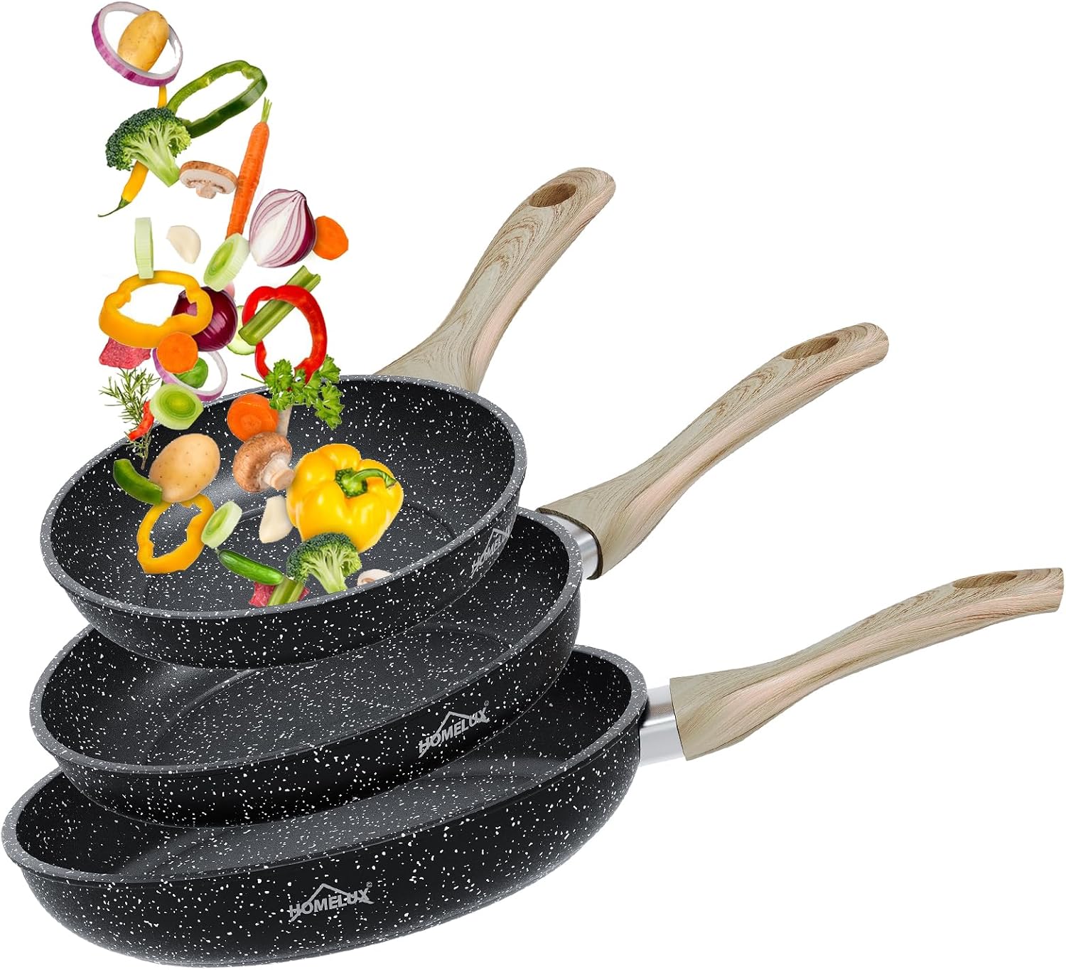 HOMELUX frying pan, 20/24/28 cm frying pan set, 3-piece frying pan set, induction compatible, non-stick double coating, wooden handle, carbon steel frying pan suitable for all hob types
