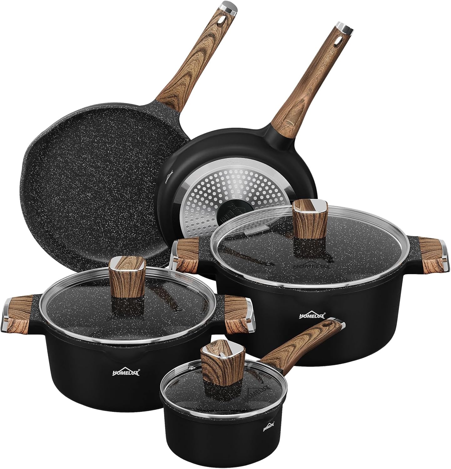 HOMELUX 8-Piece Induction Cookware Set with Lids, Non-Stick Coating, 24/28cm Frying Pan, 16cm Milk Pan, 24/28cm Saucepan, Cookware Set, Suitable for All Hobs, Wood Grain