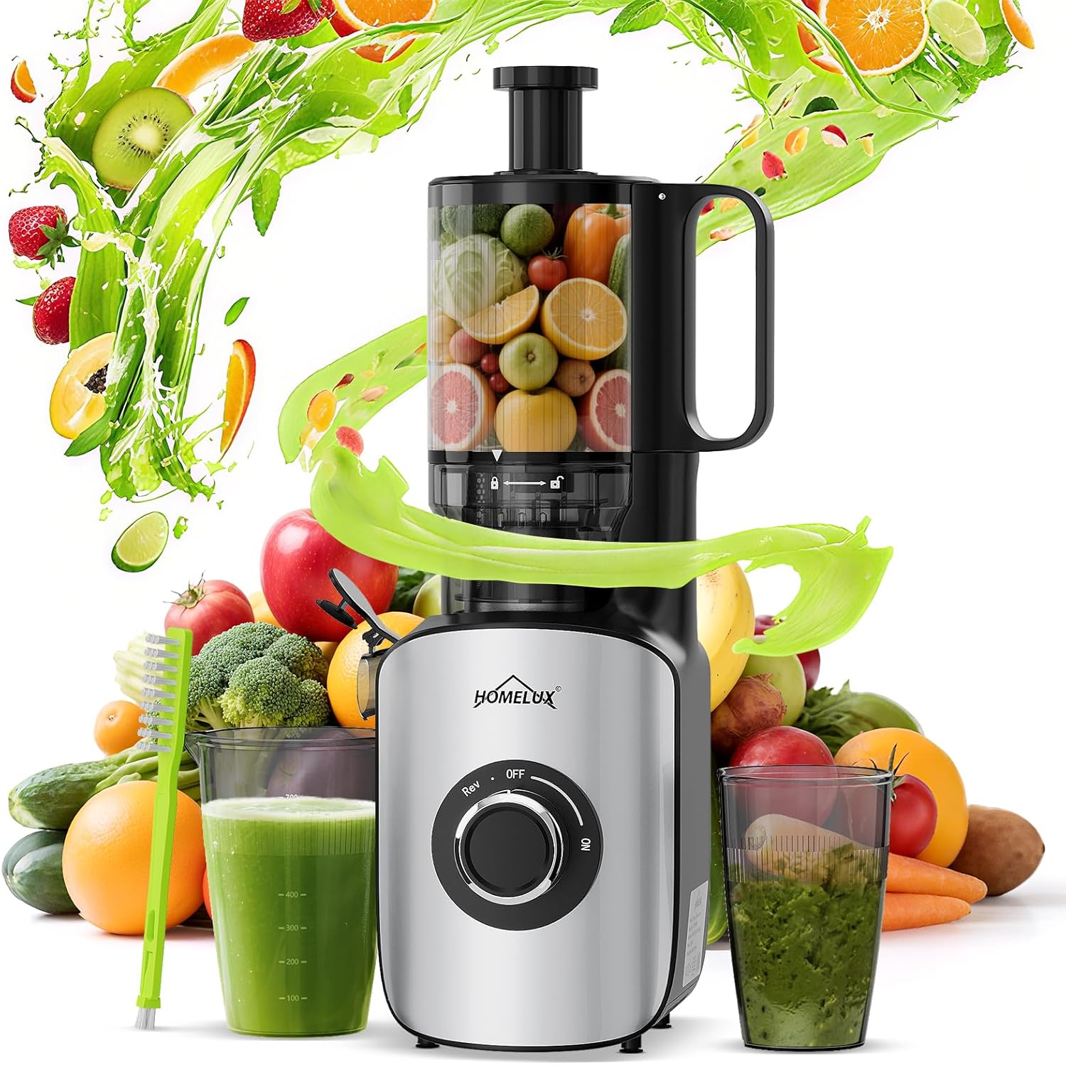 HOMELUX Entsafter 220W Slow Juicer 126 MM Einfüllschacht für Ganze Gemüse und Obst Kaltentsafter Elektrische mit 2 Tassen Reinigungsbürste, Upgraded Schnecke BPA-frei Einfache Reinigun, Silber