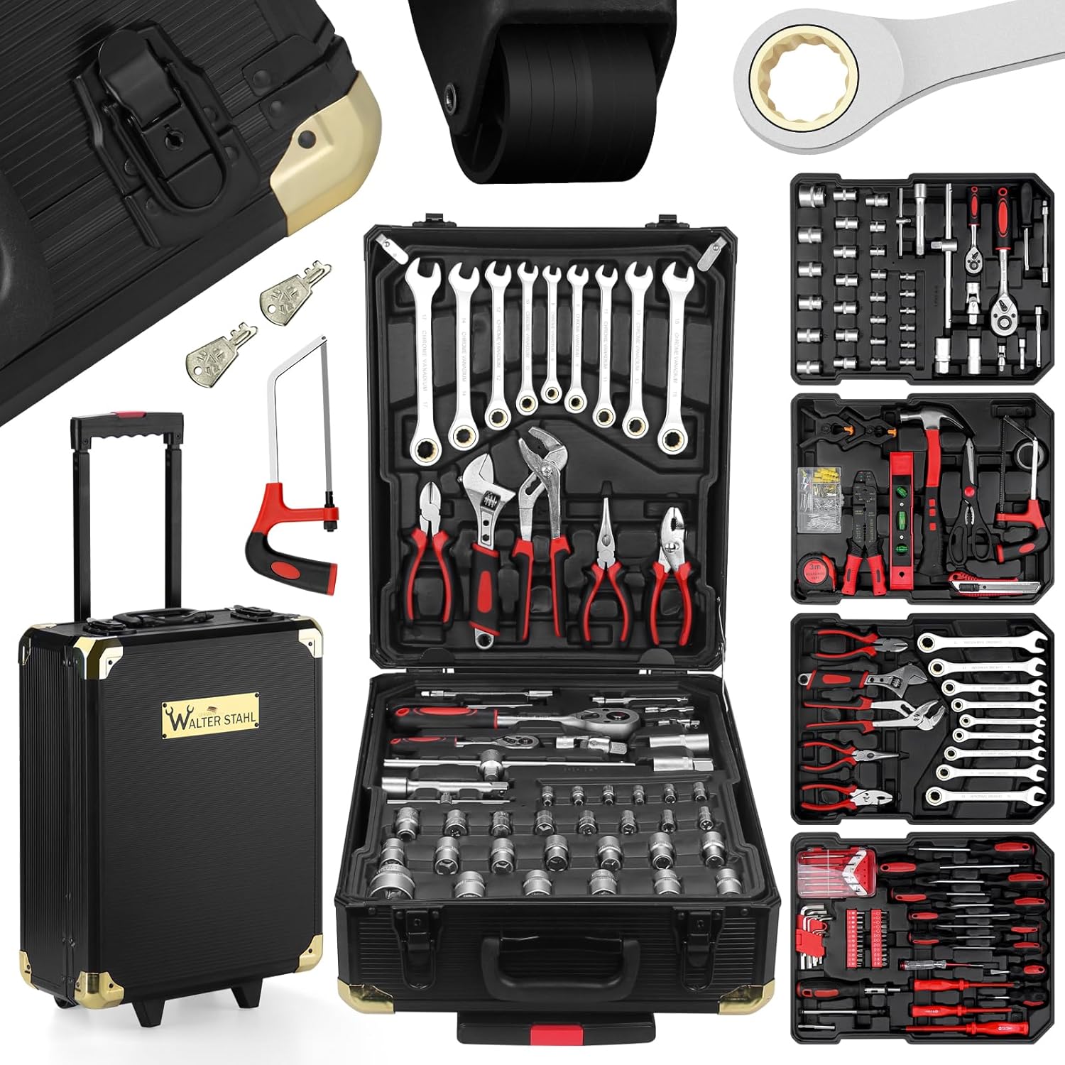 WALTER STAHL 599-piece filled tool case | Tool box | Aluminum case | Tool set | for workshop and household, including wrenches, pliers, etc.