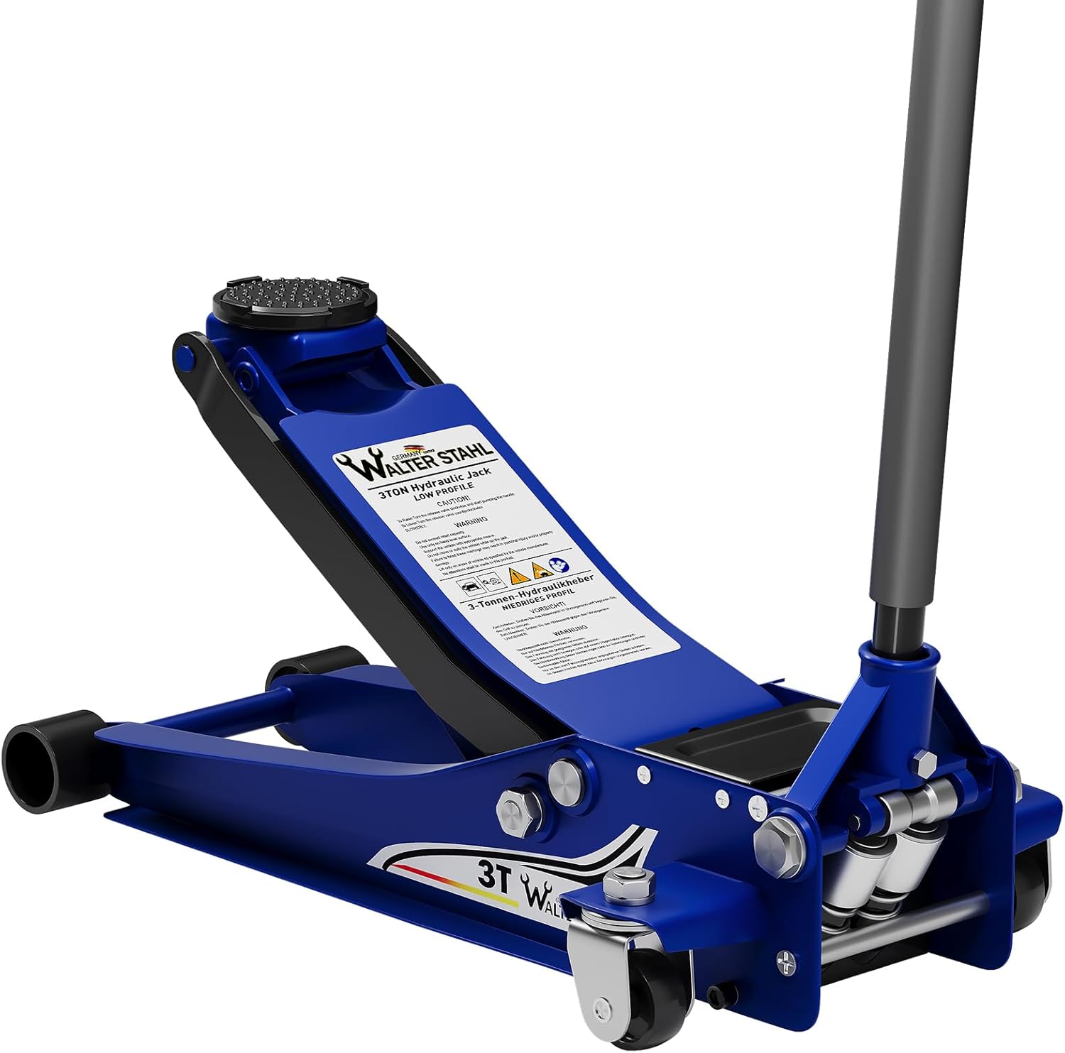 Walter Stahl 3T Hydraulic Car Jack, Low Lifting Height 75-500mm, Professional Hydraulic Trolley Jack for Cars with Double Pump System, Double Piston, 360° Casters, Rubber Pad for Extra Stability