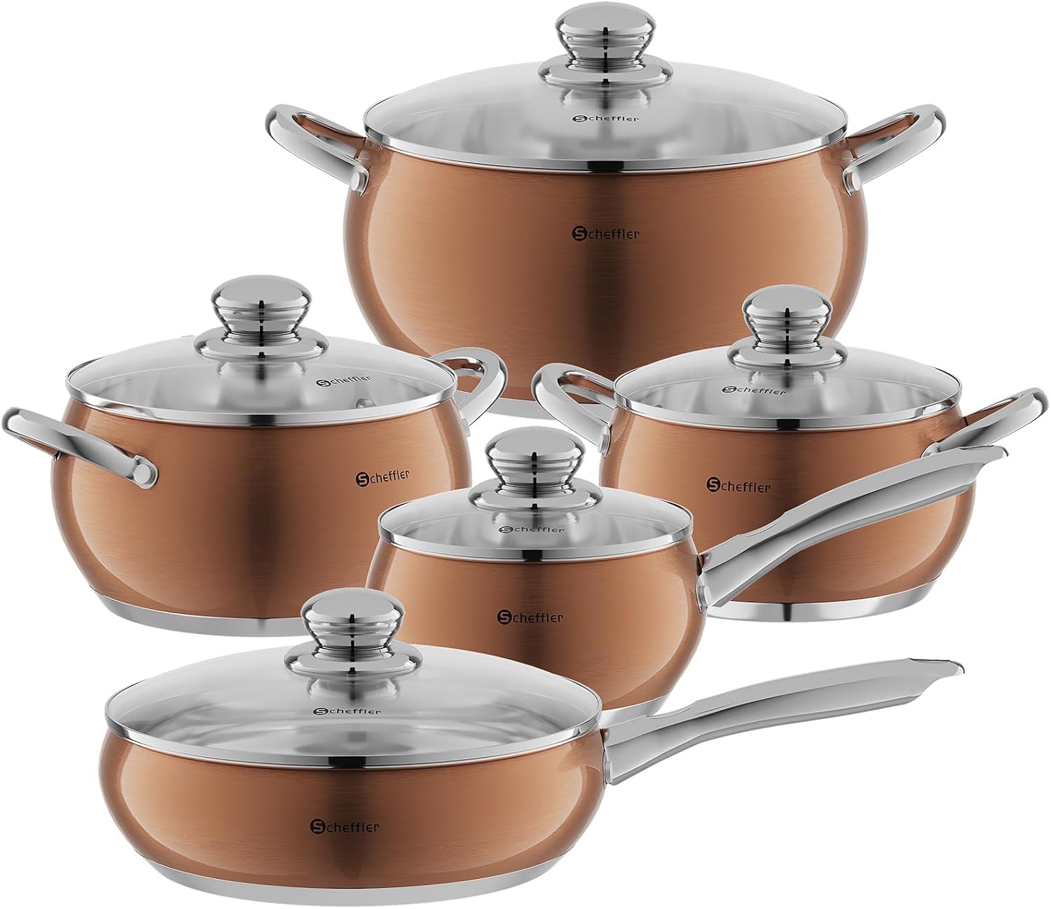 Scheffler 10-piece cookware set, induction-compatible, stainless steel with lids, suitable for all stovetops - Champagne