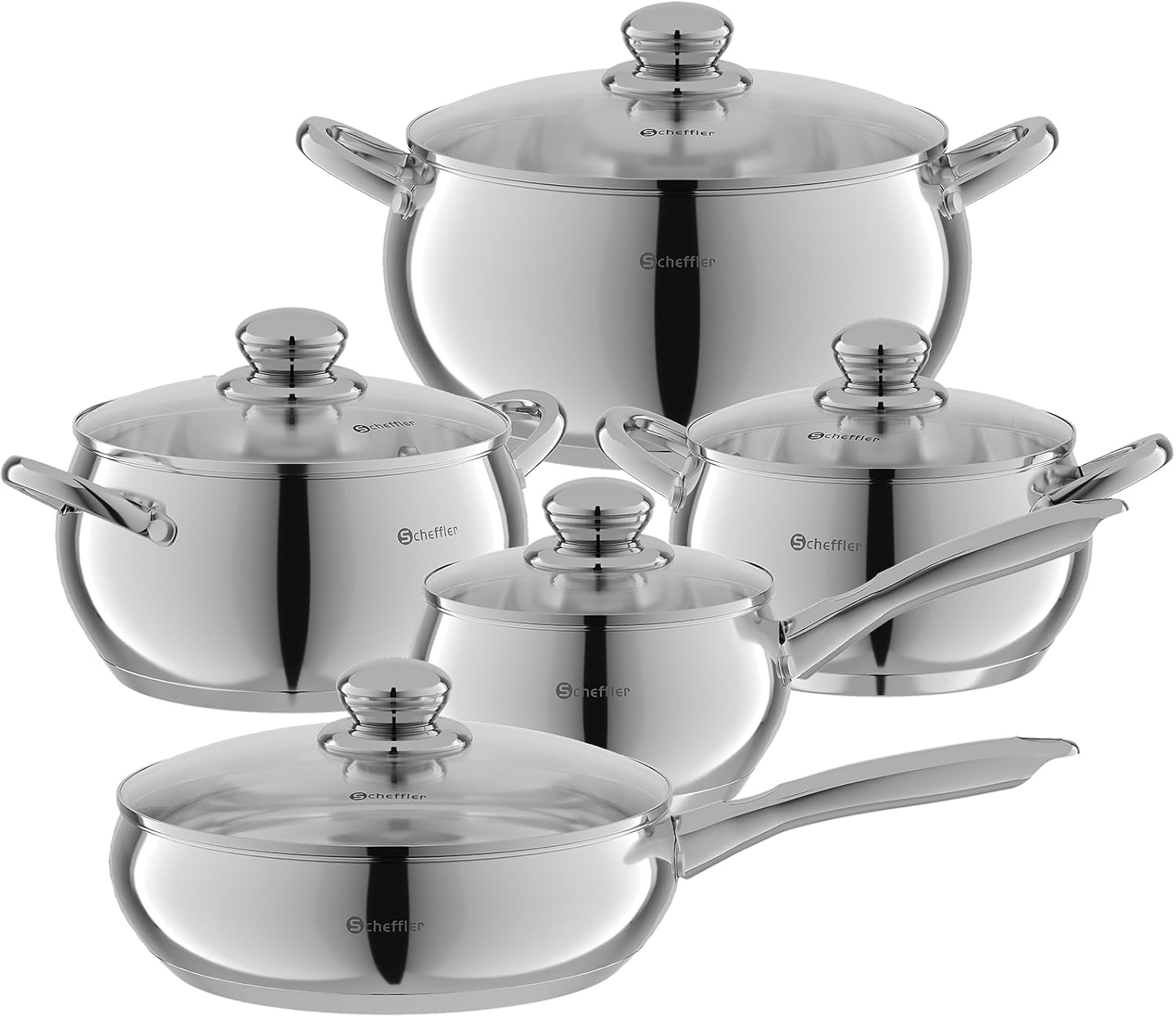 Scheffler 10-piece cookware set, induction-compatible, stainless steel with lids, suitable for all stovetops - silver（SCH-23088A）